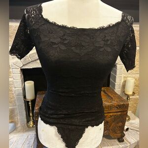 Guess Black Lace Short Sleeve Bodysuit